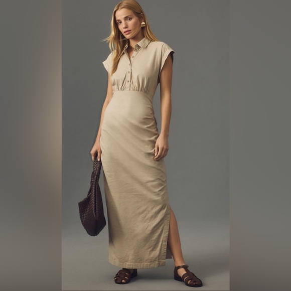 Anthropologie Dresses & Skirts - Anthropologie Tan Ruched Maxi Dress with Mandarin Collar size Mefium